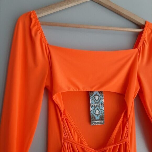 BOOHOO Cut-out Ruched Long Sleeve Mini Dress Orange Sz 8 Flawed - Picture 7 of 14